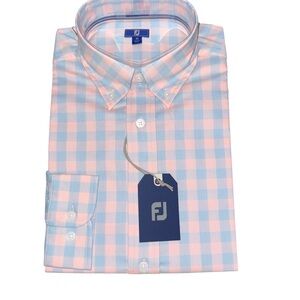 NWT Footjoy Men's Pink and Blue Checkered Button Down Shirt Size Medium